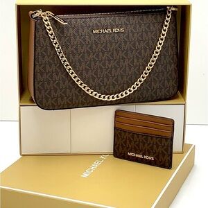 MICHAEL KORS GIFTABLE SHOULDER BAG & CARD HOLDER BOXED SET BROWN SIGNATURE COLOR